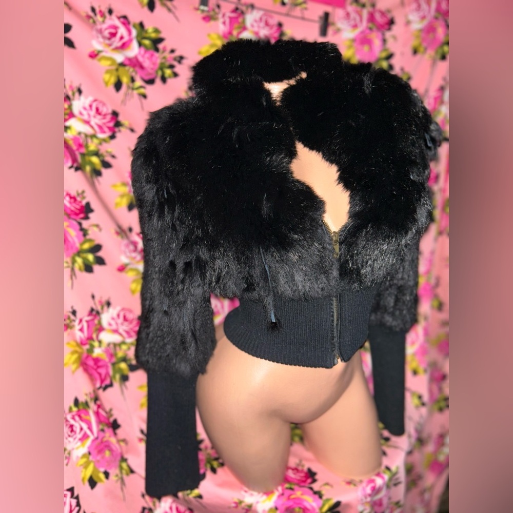 Bebe Black 💯 rabbit jacket vintage snow bunny fur coat sexy dollbaby pinup nwot